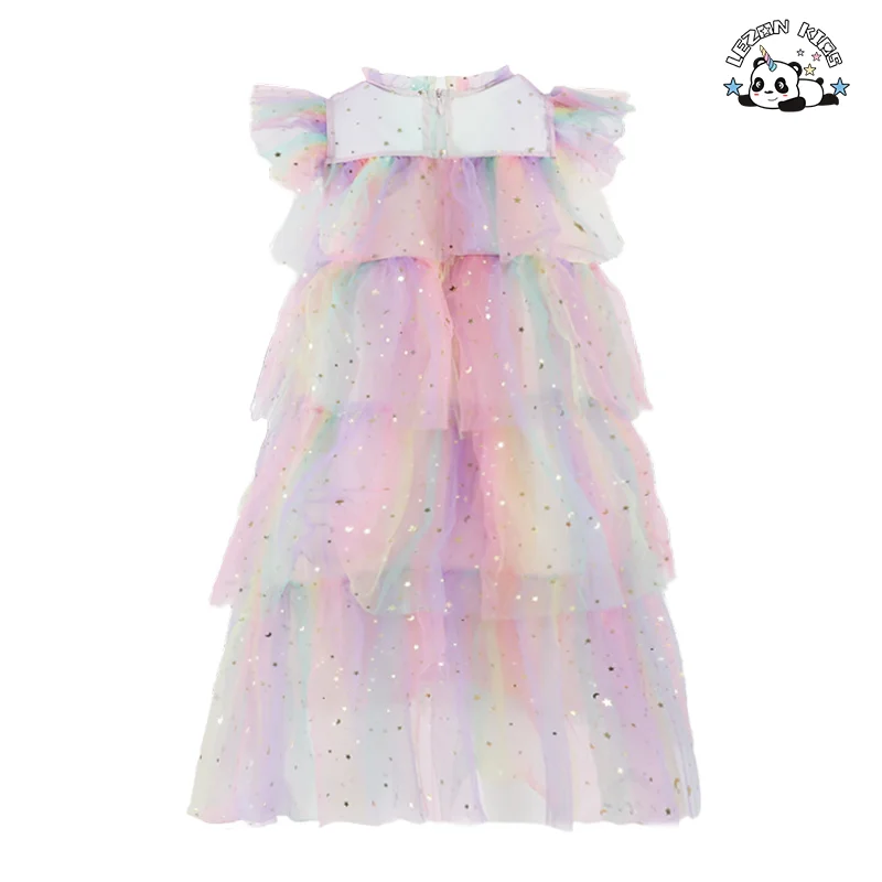 LEZONKIDS - Custom Fly Sleeve Star Print Rainbow Layered Tulle Dress for Girls